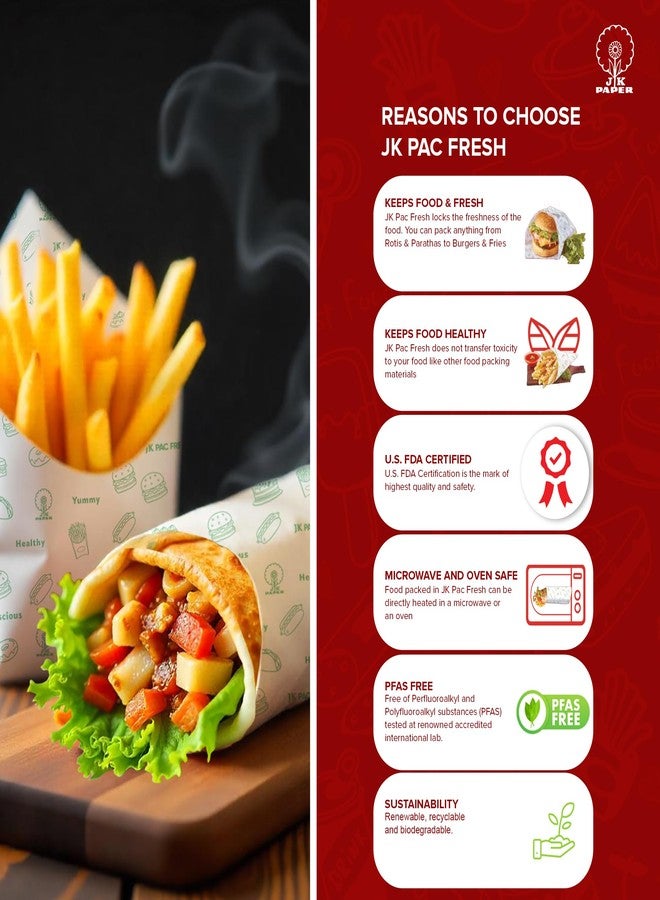 جي كي لفافة ورق تغليف الطعام JK Pac Fresh بطول 20 مترًا | عبوة من 4 لفات | خالية من مادة BPA، غير لاصقة، صديقة للبيئة ومقاومة للحرارة | مثالية للخبز، وتخزين الطعام، والتغليف، وامتصاص الزيوت - Image 2